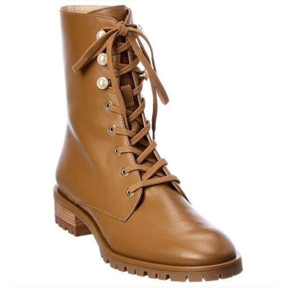 Stuart Weitzman Laine Boot Tan Combat Lace Up Pearl Button 7.5 - Picture 3 of 8